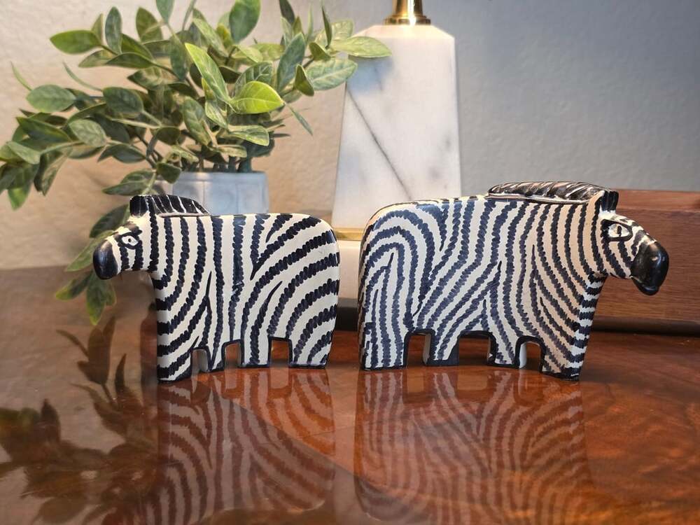 Ceramic Zebra Figurine Pair Black White Safari Animal Decor